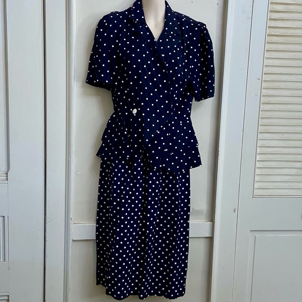 Vintage, Dani Michael’s Blue and White Polka Dot Printed Dress  Size L
